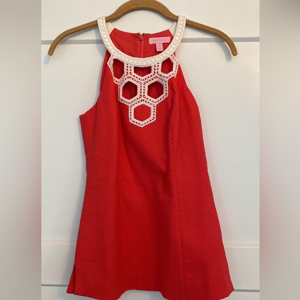 Lilly Pulitzer Size 0  Annabelle Top Island Coral Red Cream Honeycomb Neckline